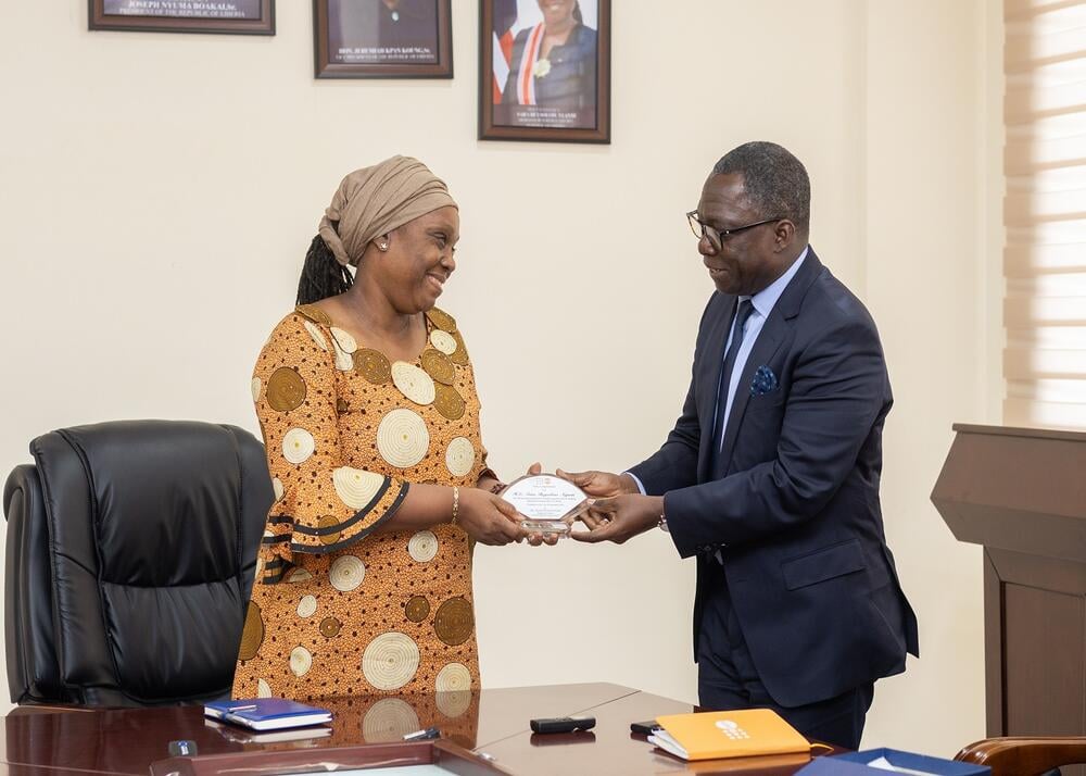 UNFPA West and Central Africa Regional Director Sennen Hounton recognizes Liberia's Foreign Minister, Sara Beysolow Nyanti's support for women and young people 