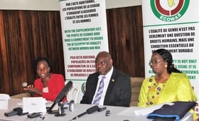 L-R: Deputy Health Minister Mrs. Yah Zolia, UNFPA Liberia Country Representative Dr. Oluremi Sogunro and ECOWAS Commissioner for Social Affairs and Gender, Dr. Fatimata Dia Sow address the media at the Monrovia City Hall
