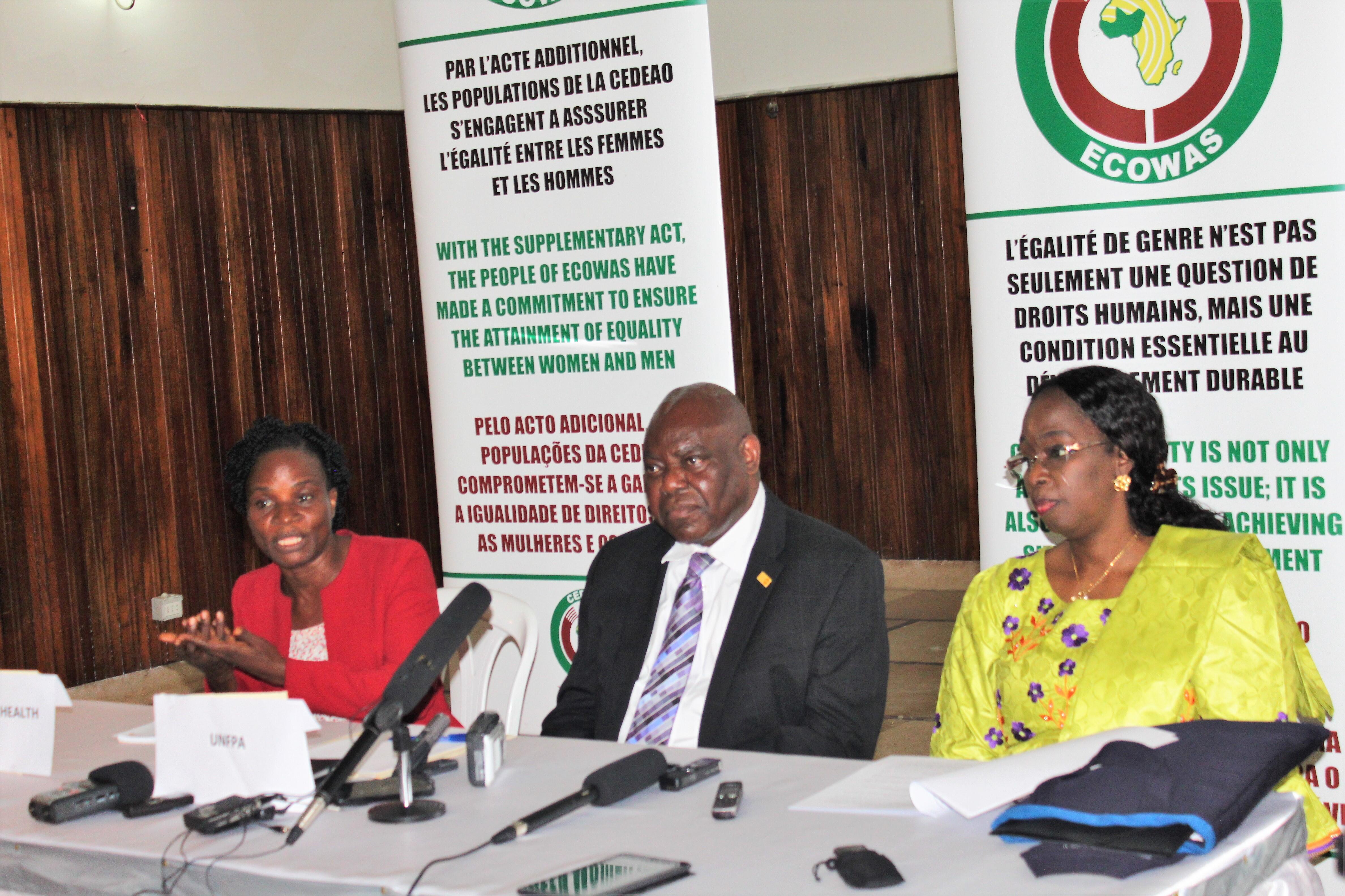 L-R: Deputy Health Minister Mrs. Yah Zolia, UNFPA Liberia Country Representative Dr. Oluremi Sogunro and ECOWAS Commissioner for Social Affairs and Gender, Dr. Fatimata Dia Sow address the media at the Monrovia City Hall